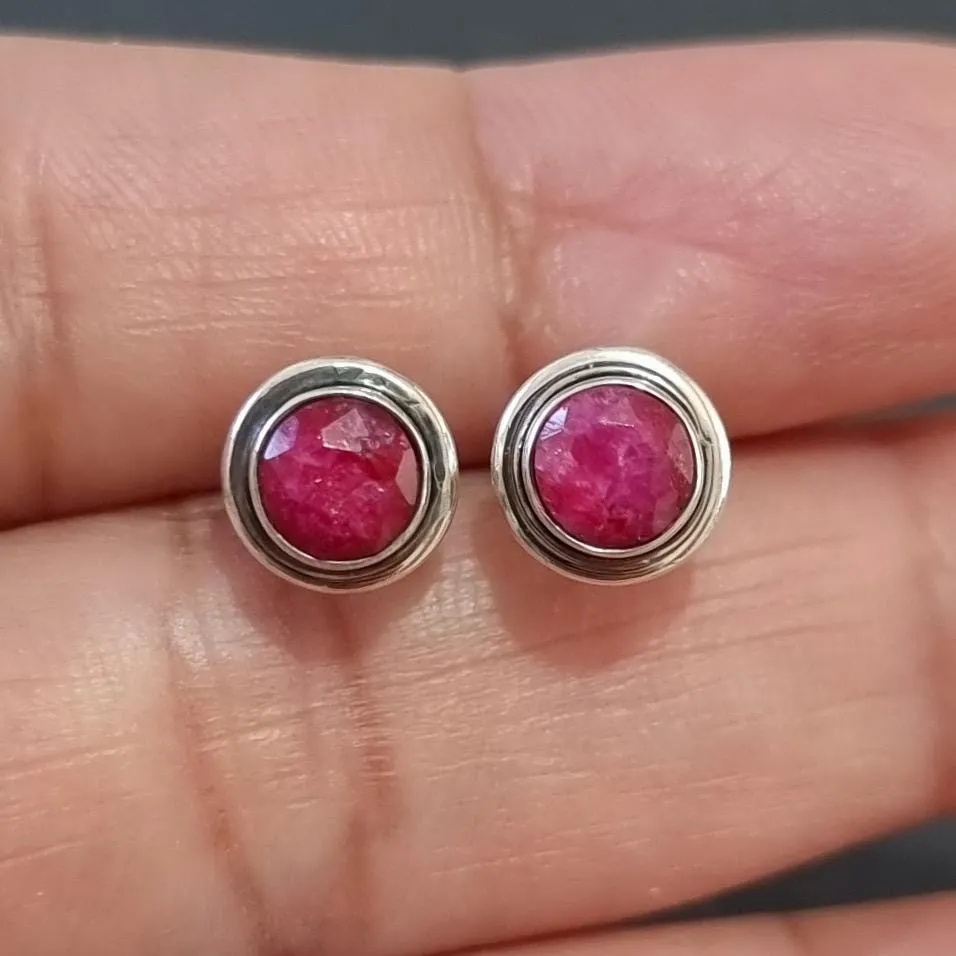 Elegant Round Ruby Stud Earrings, 925 Sterling Silver, S16R