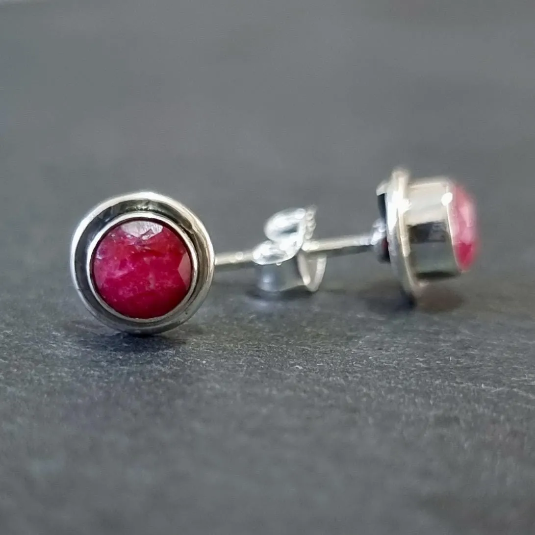 Elegant Round Ruby Stud Earrings, 925 Sterling Silver, S16R