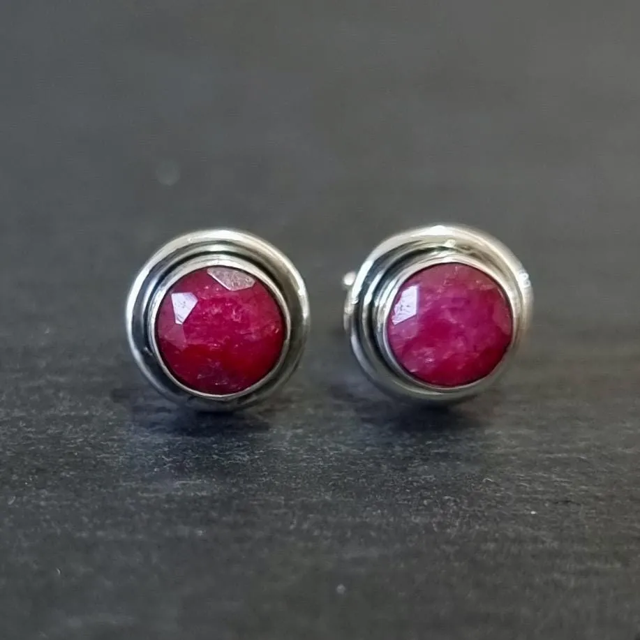 Elegant Round Ruby Stud Earrings, 925 Sterling Silver, S16R