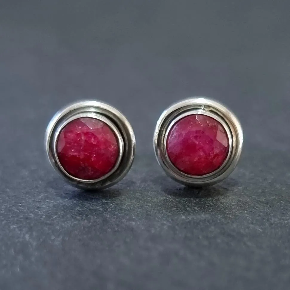Elegant Round Ruby Stud Earrings, 925 Sterling Silver, S16R