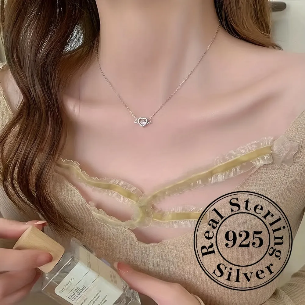 Elegant S925 Silver Heart Wing Pendant Necklace