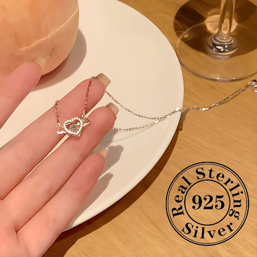 Elegant S925 Silver Heart Wing Pendant Necklace