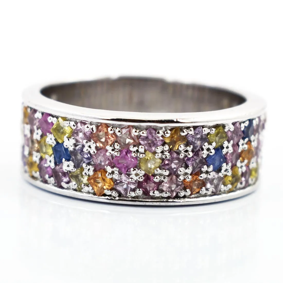 Elegant Three Row Multi Sapphire Gemstone Unisex Band Ring,Custom Size
