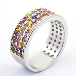 Elegant Three Row Multi Sapphire Gemstone Unisex Band Ring,Custom Size