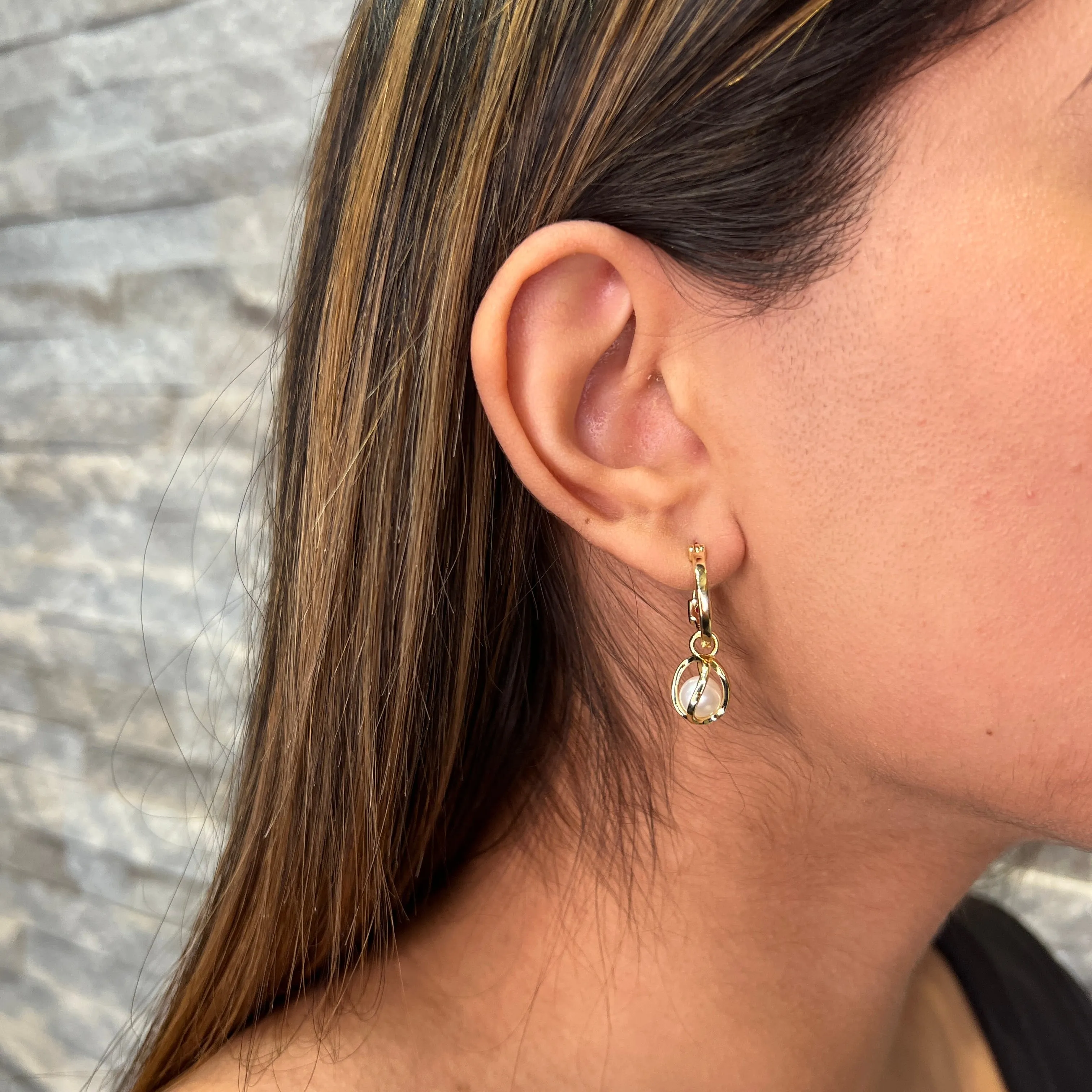 Elle Luna Sterling Silver Gold Plated Genuine White Pearl Caged Dangle Earrings