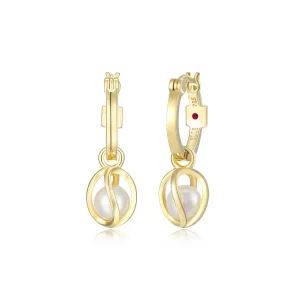 Elle Luna Sterling Silver Gold Plated Genuine White Pearl Caged Dangle Earrings
