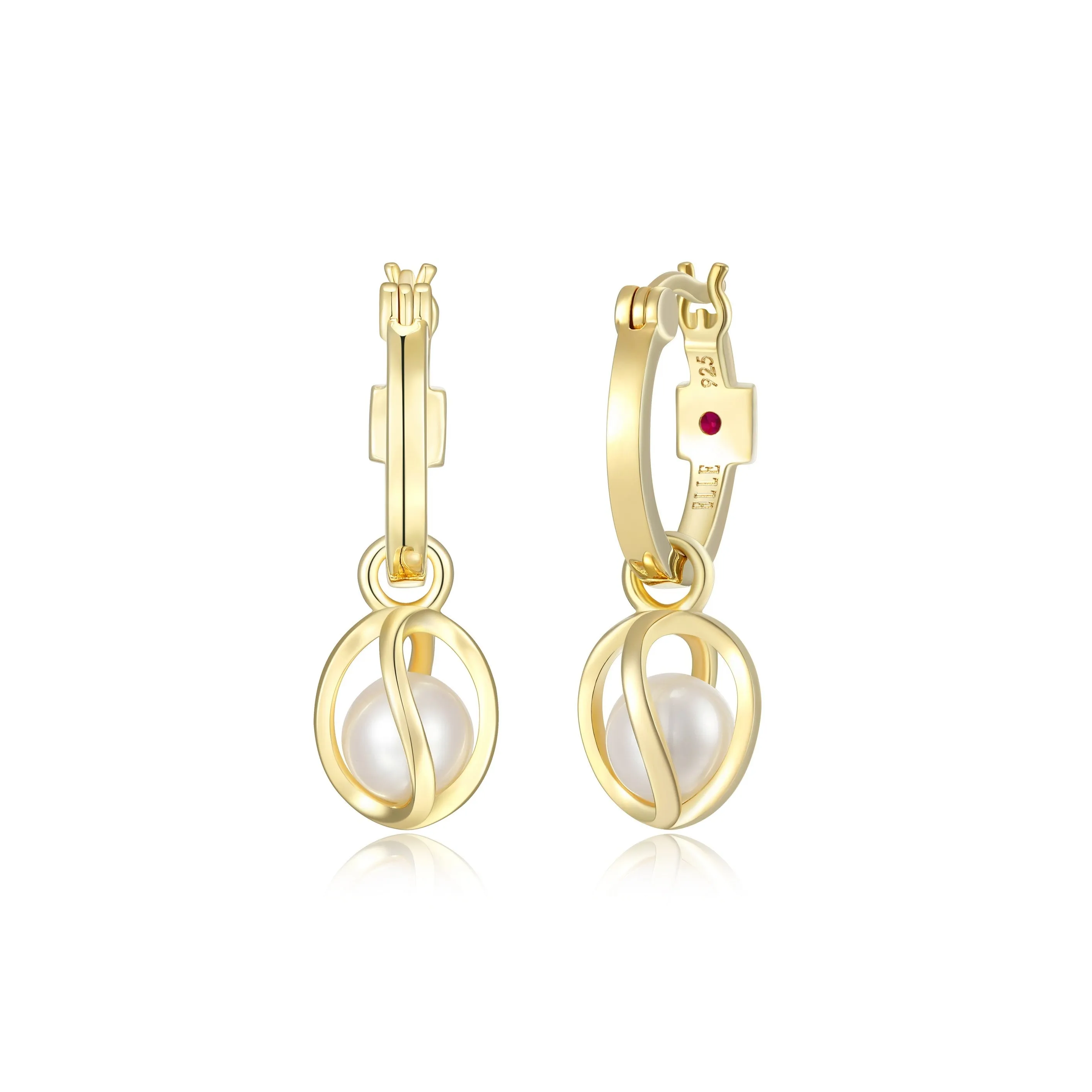 Elle Luna Sterling Silver Gold Plated Genuine White Pearl Caged Dangle Earrings