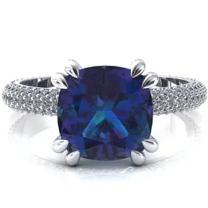 Elley Cushion Alexandrite 4 Claw Prong Diamond Accent Engagement Ring