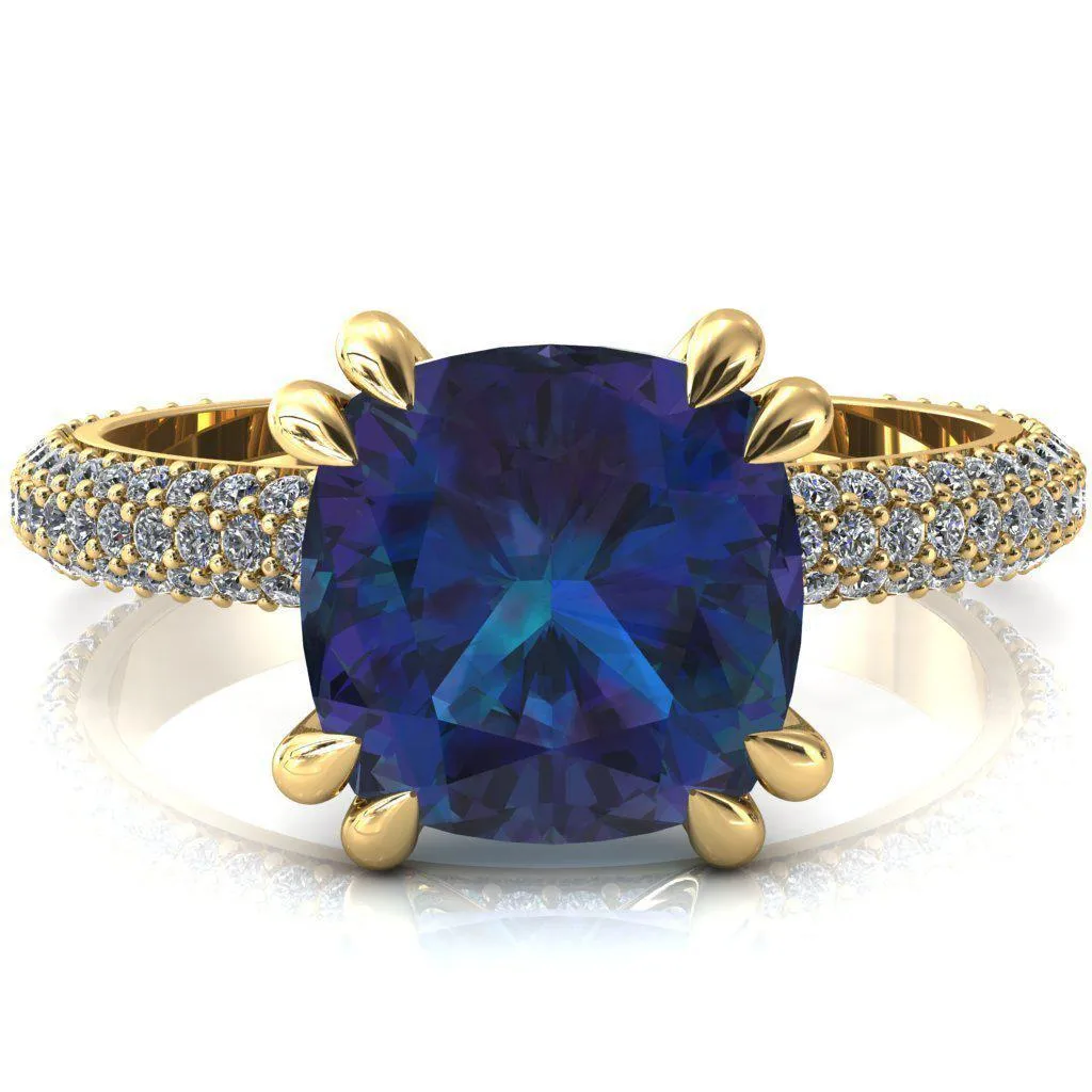 Elley Cushion Alexandrite 4 Claw Prong Diamond Accent Engagement Ring
