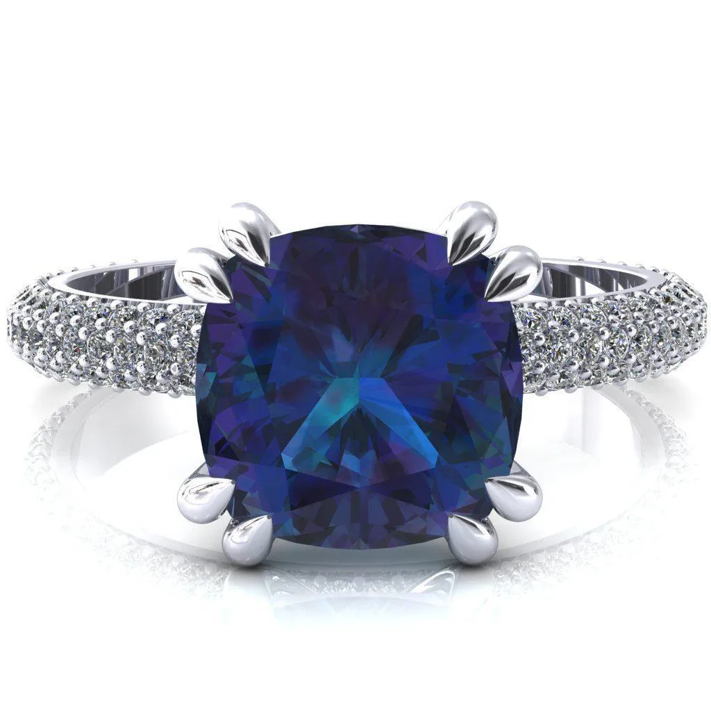 Elley Cushion Alexandrite 4 Claw Prong Diamond Accent Engagement Ring