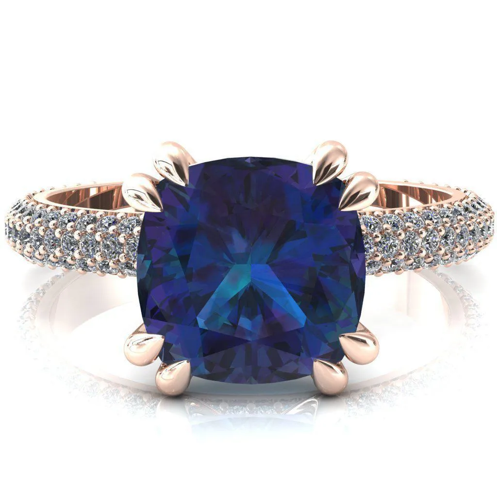 Elley Cushion Alexandrite 4 Claw Prong Diamond Accent Engagement Ring