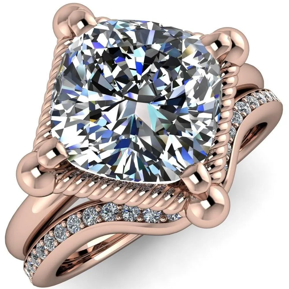Eloise Cushion Center Stone Woven Rope Princess Halo 4 Prong Engagement Ring