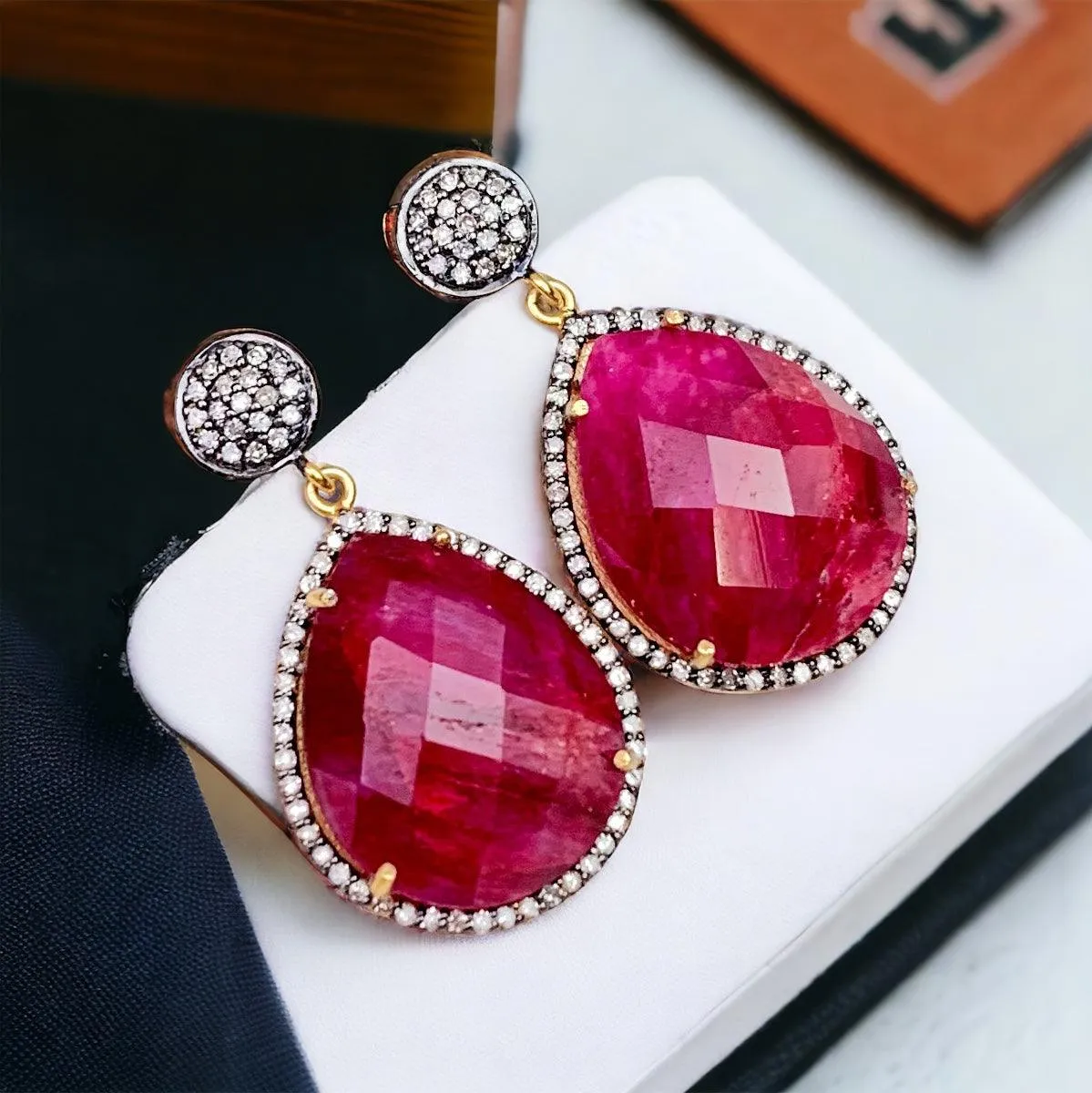Emerald or Ruby w Diamonds Classic Earrings
