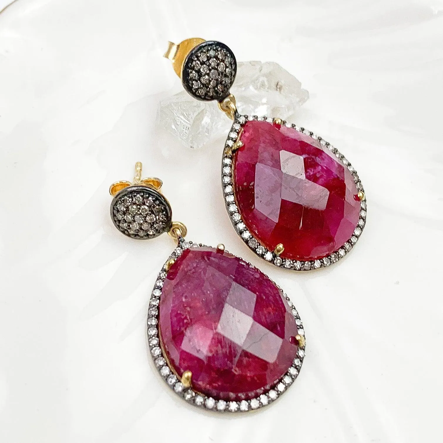 Emerald or Ruby w Diamonds Classic Earrings