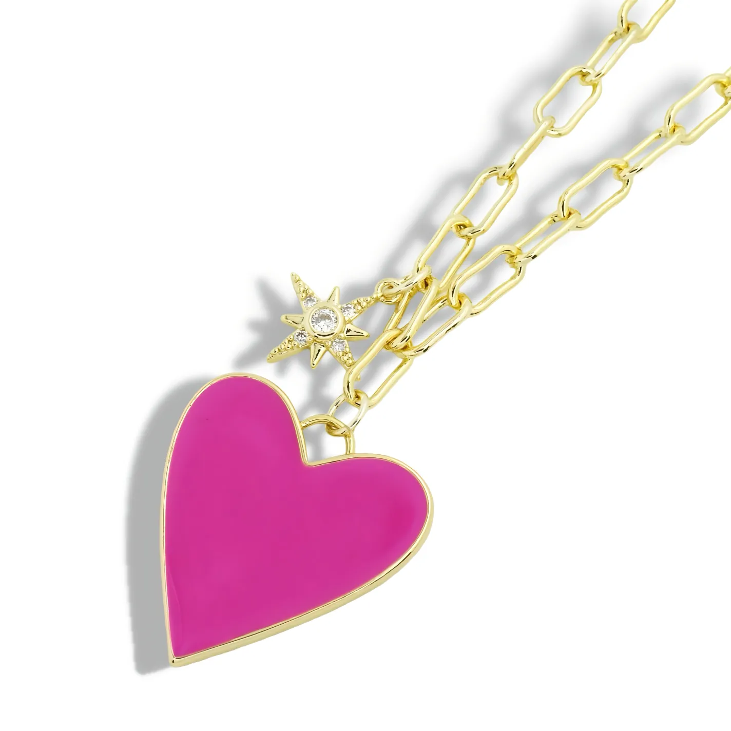 Enamel Heart/Star Necklace Hot Pink J5