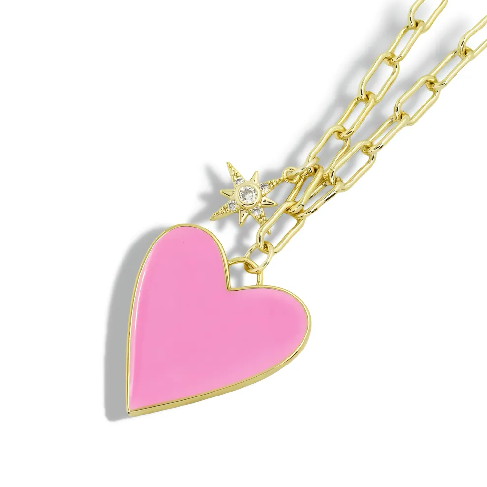 Enamel Heart/Star Necklace Light Pink J10