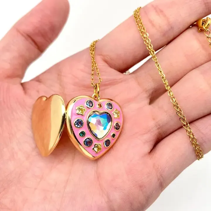 Enamel Pink Heart-Shaped Photo Album Pendant Necklace