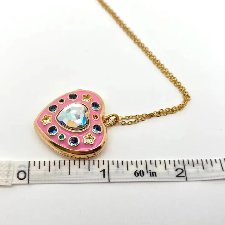 Enamel Pink Heart-Shaped Photo Album Pendant Necklace