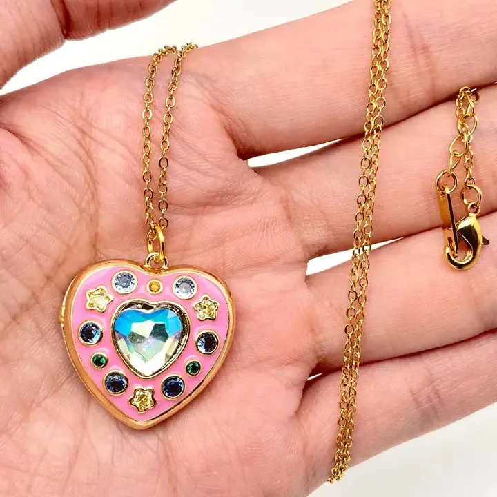 Enamel Pink Heart-Shaped Photo Album Pendant Necklace