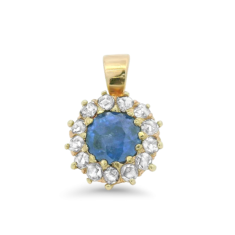 Estate 14k Yellow Gold Sapphire and Diamond Halo Pendant