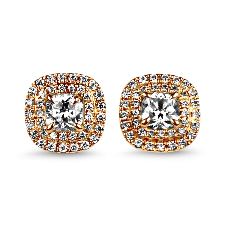 Estate 18K Rose Gold Diamond Double Halo Stud Earrings
