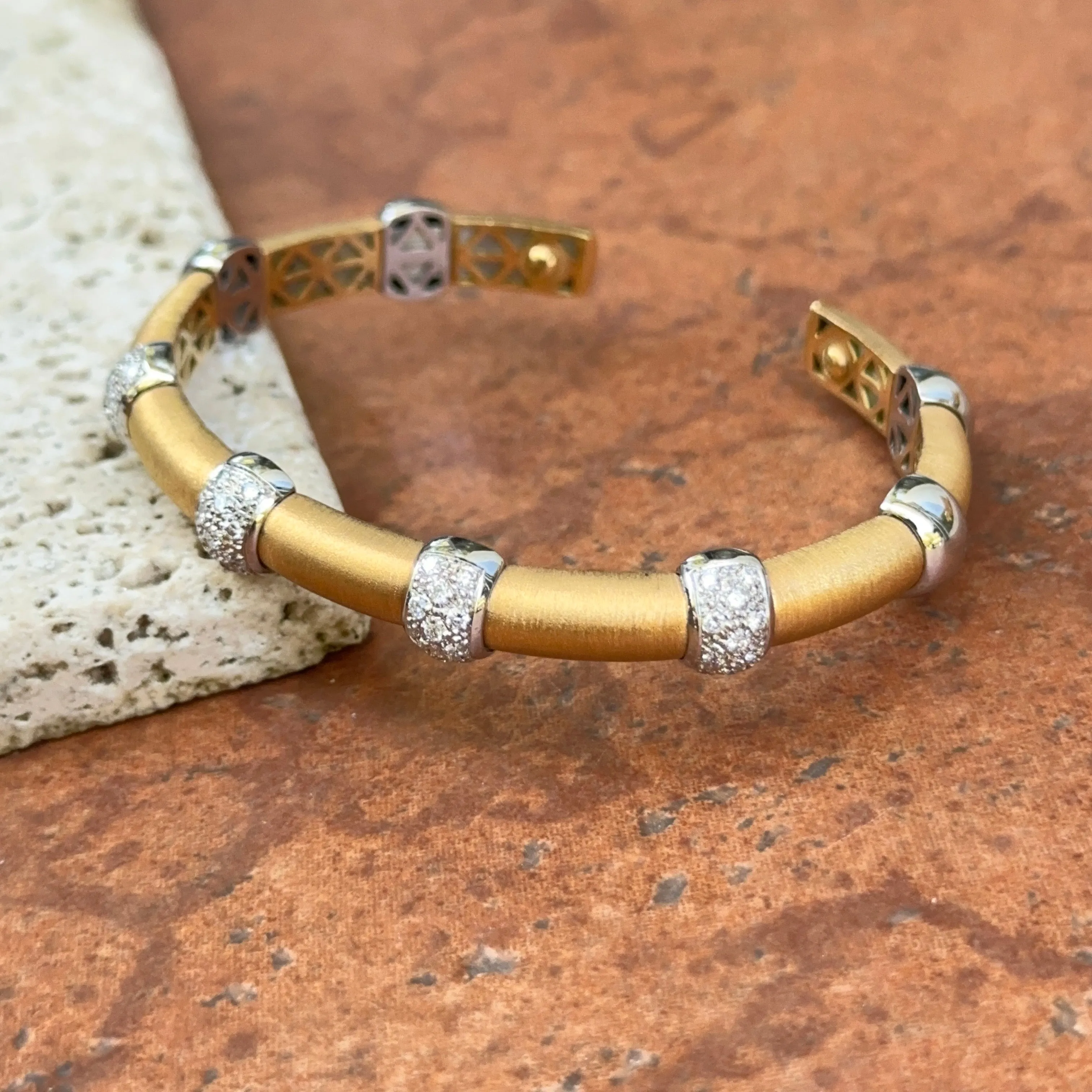 Estate 18KT White   Yellow Gold Pave Diamond Satin Cuff Bangle Bracelet