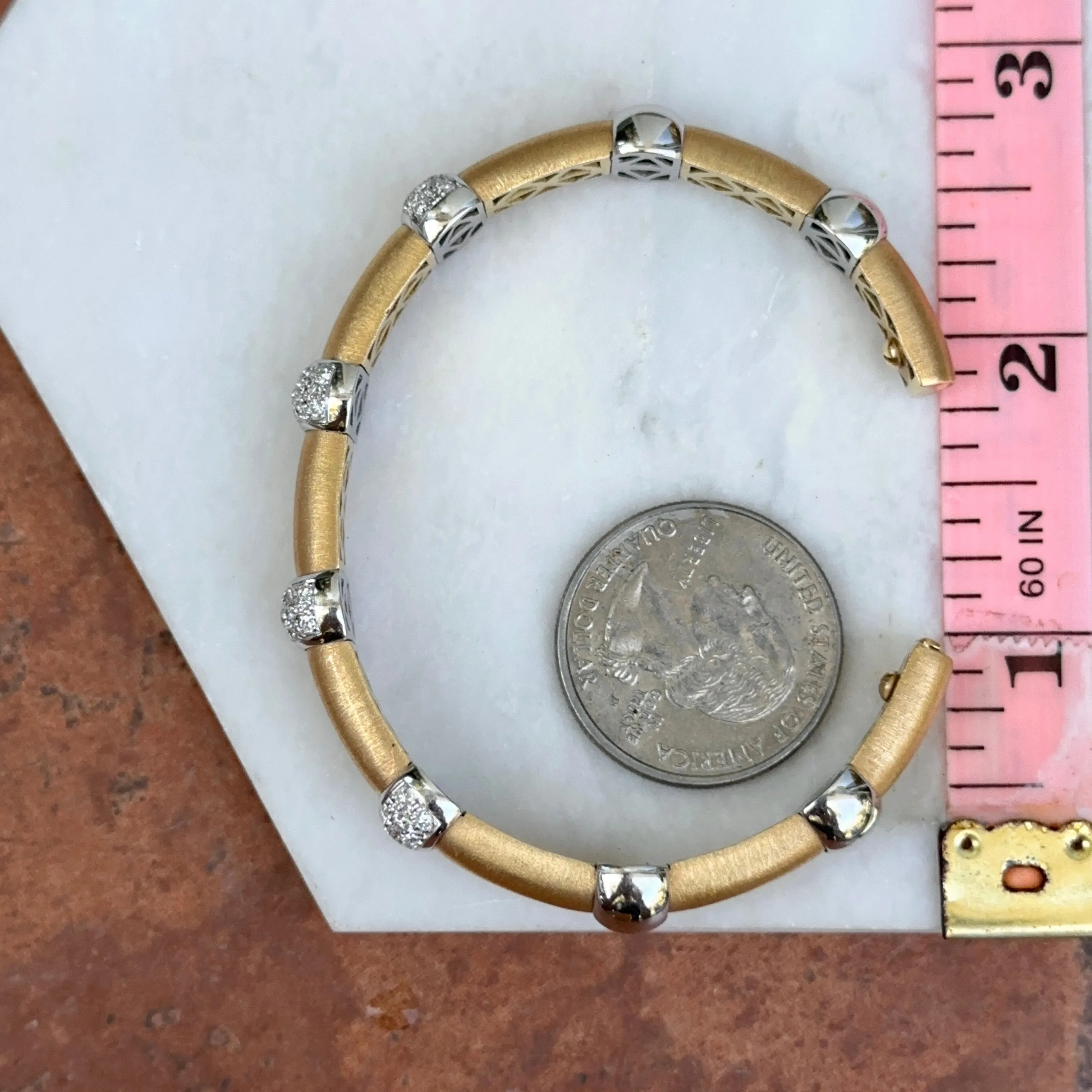 Estate 18KT White   Yellow Gold Pave Diamond Satin Cuff Bangle Bracelet