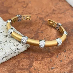 Estate 18KT White   Yellow Gold Pave Diamond Satin Cuff Bangle Bracelet
