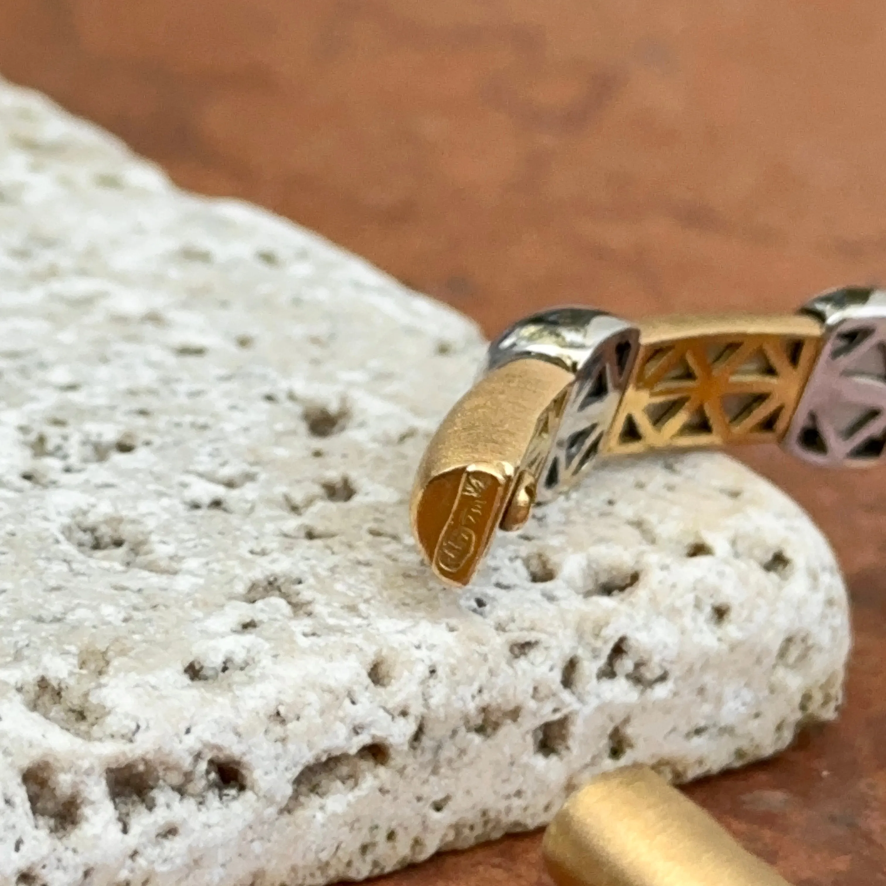Estate 18KT White   Yellow Gold Pave Diamond Satin Cuff Bangle Bracelet