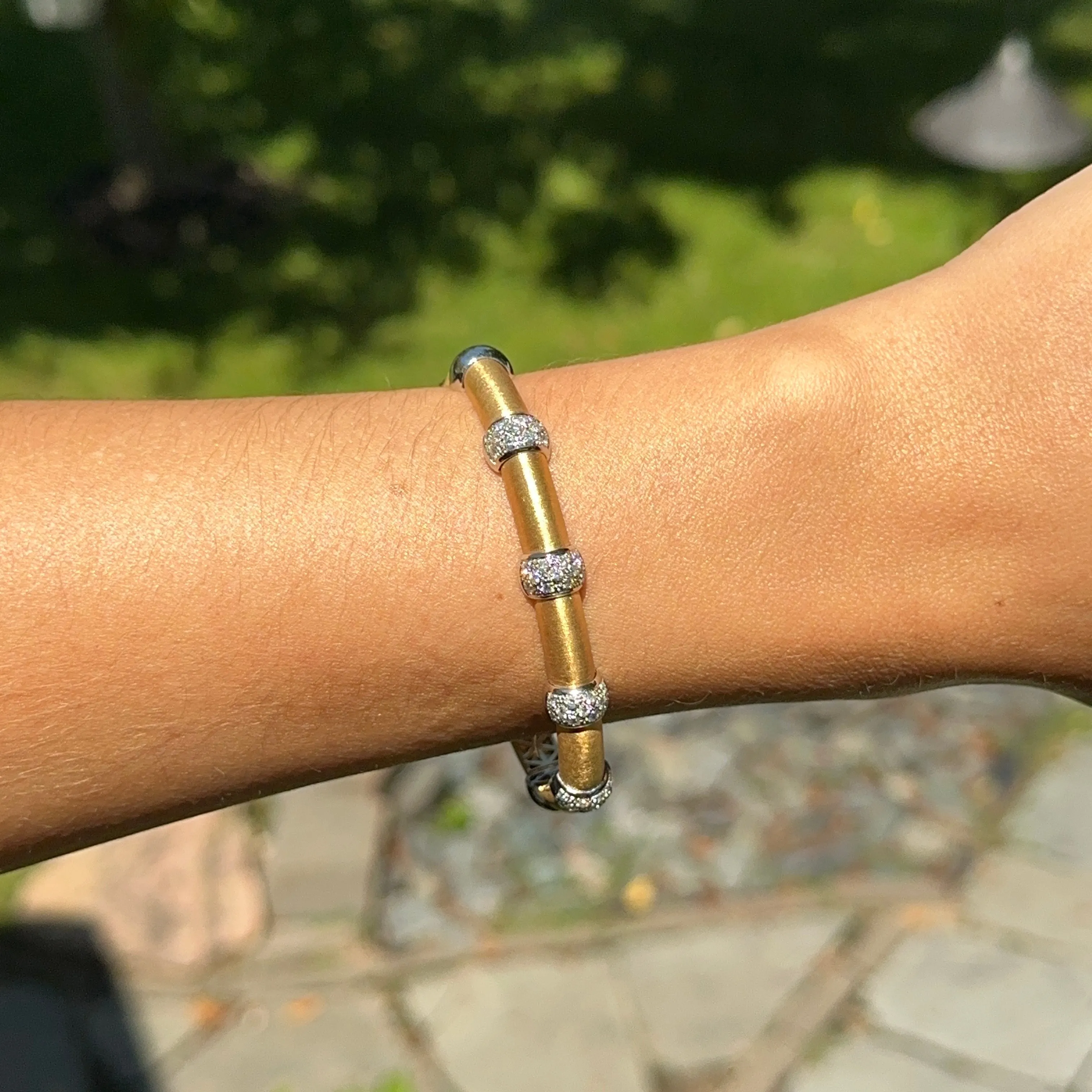 Estate 18KT White   Yellow Gold Pave Diamond Satin Cuff Bangle Bracelet