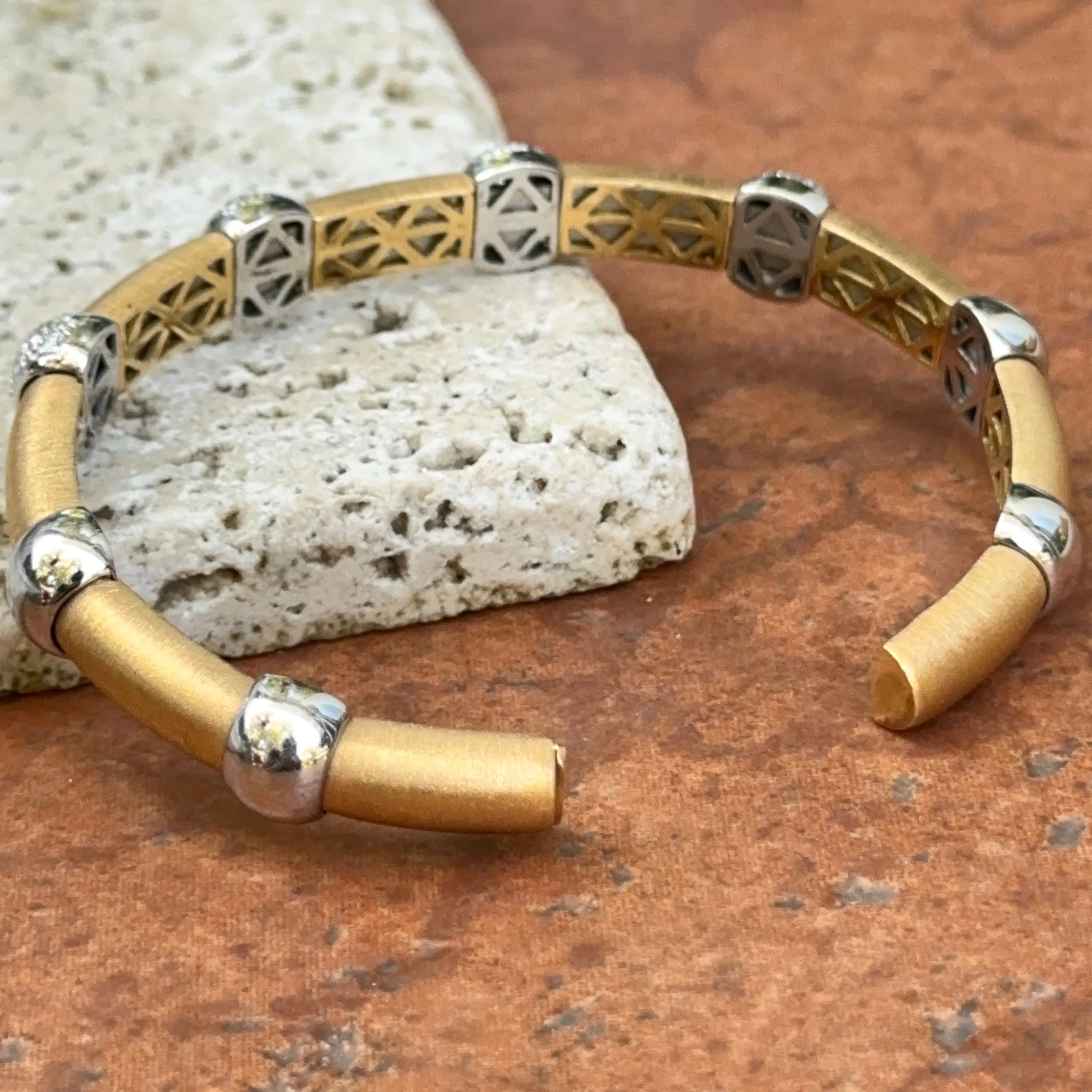 Estate 18KT White   Yellow Gold Pave Diamond Satin Cuff Bangle Bracelet