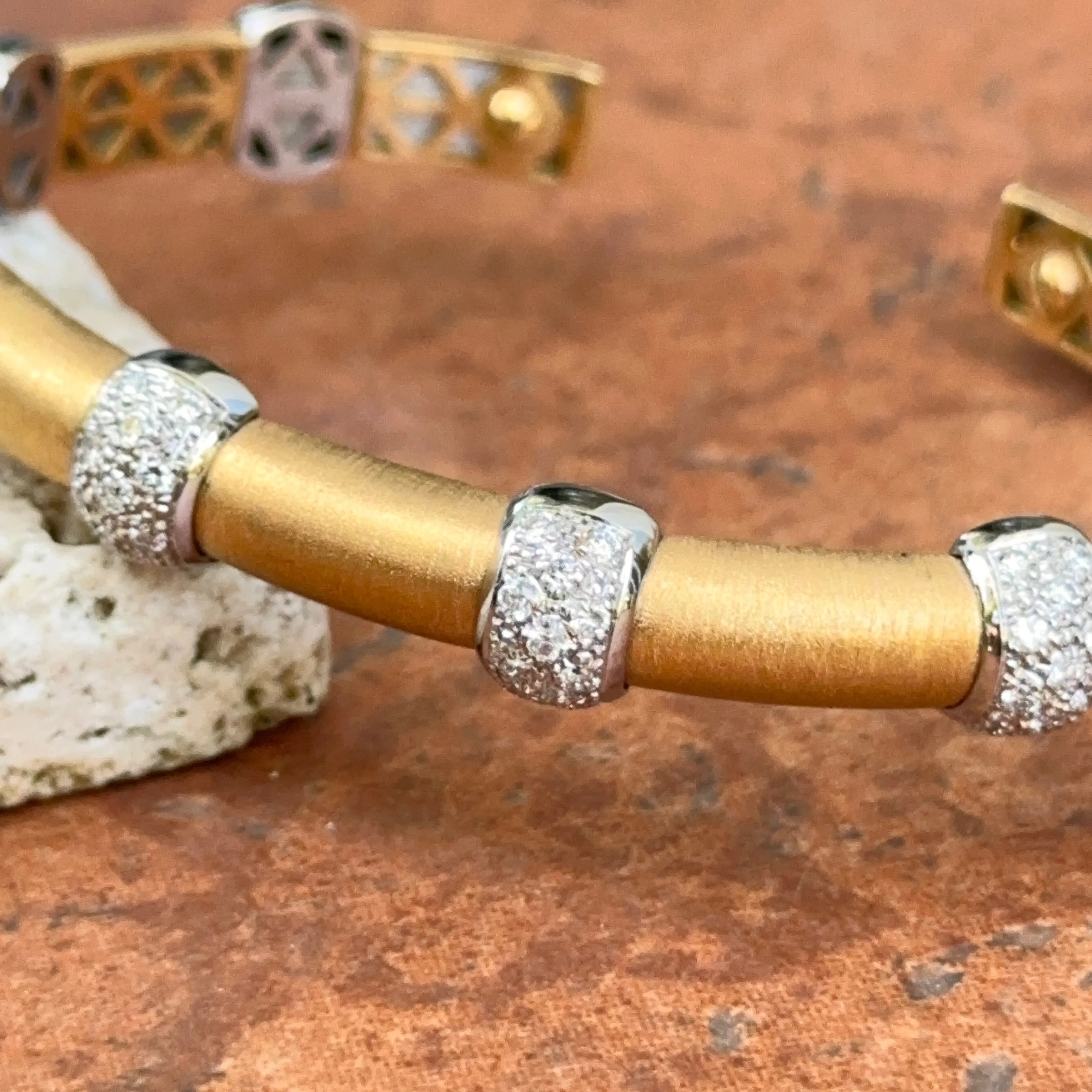 Estate 18KT White   Yellow Gold Pave Diamond Satin Cuff Bangle Bracelet