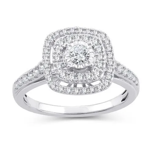 EternalDia 0.50 Ct.Wt. Round Diamond Double Halo Cushion Shape Bridal Set 10K White Gold.