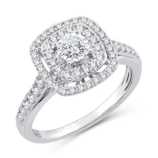EternalDia 0.50 Ct.Wt. Round Diamond Double Halo Cushion Shape Bridal Set 10K White Gold.