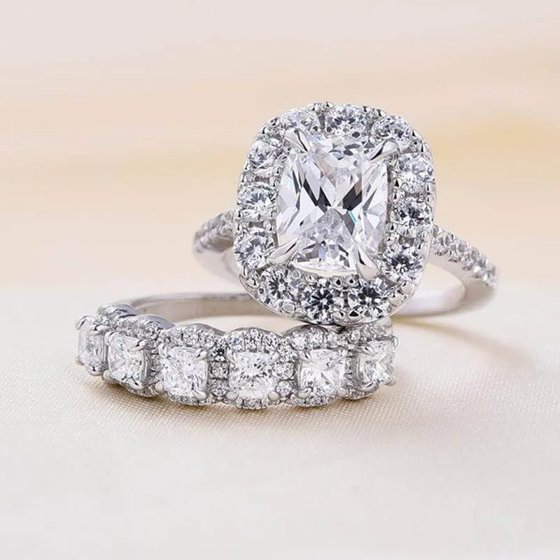 Eternity Halo Cushion Cut Ring Set in White Gold