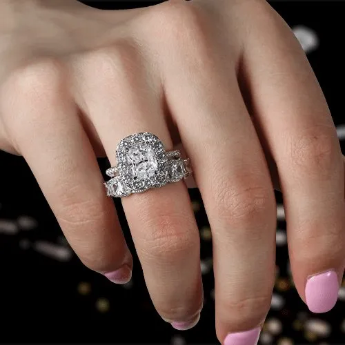 Eternity Halo Cushion Cut Ring Set in White Gold