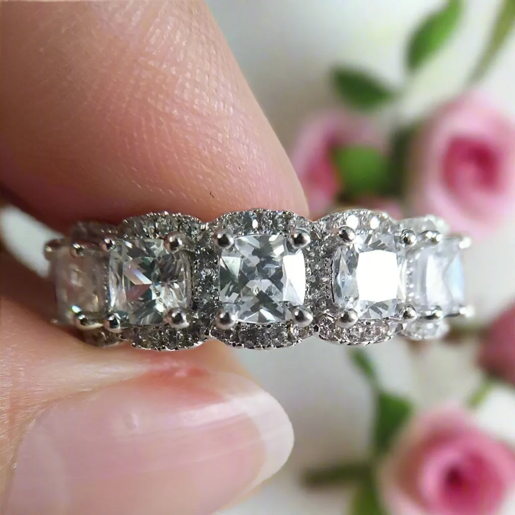 Eternity Halo Cushion Cut Ring Set in White Gold