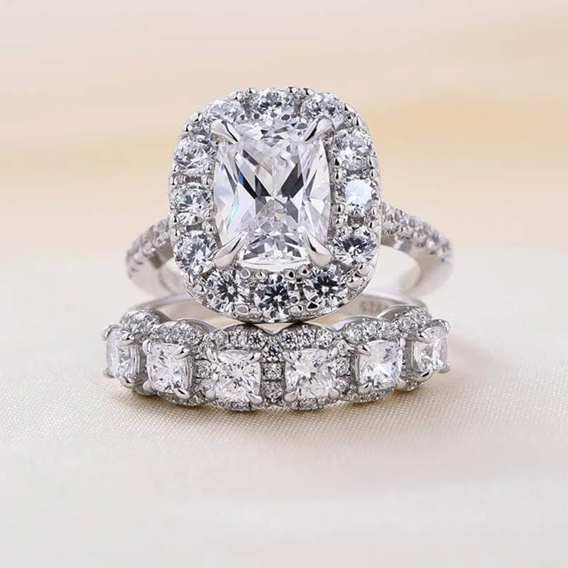 Eternity Halo Cushion Cut Ring Set in White Gold