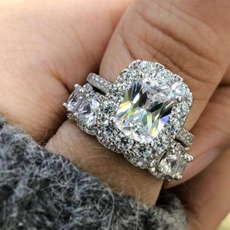 Eternity Halo Cushion Cut Ring Set in White Gold