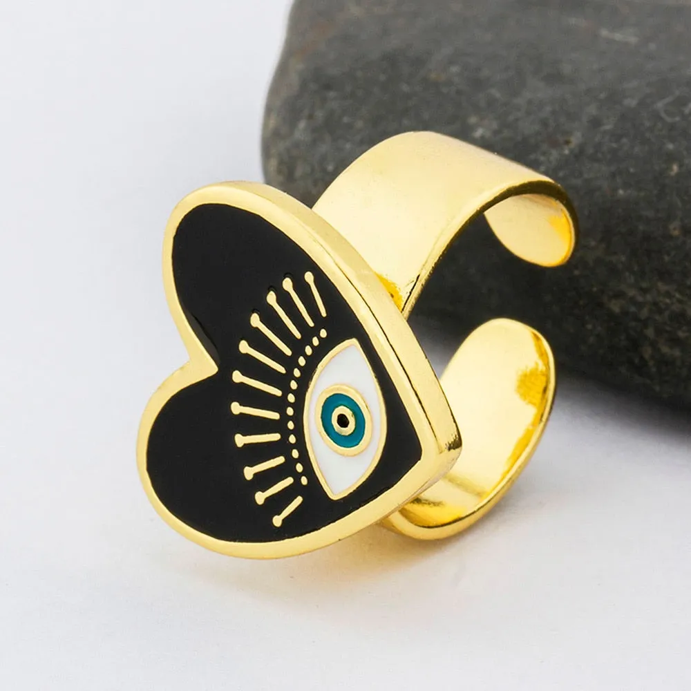 Exquisite Adjustable Evil Eye Heart Ring in Gold Finish – Trendy Geometric Design for Modern Women