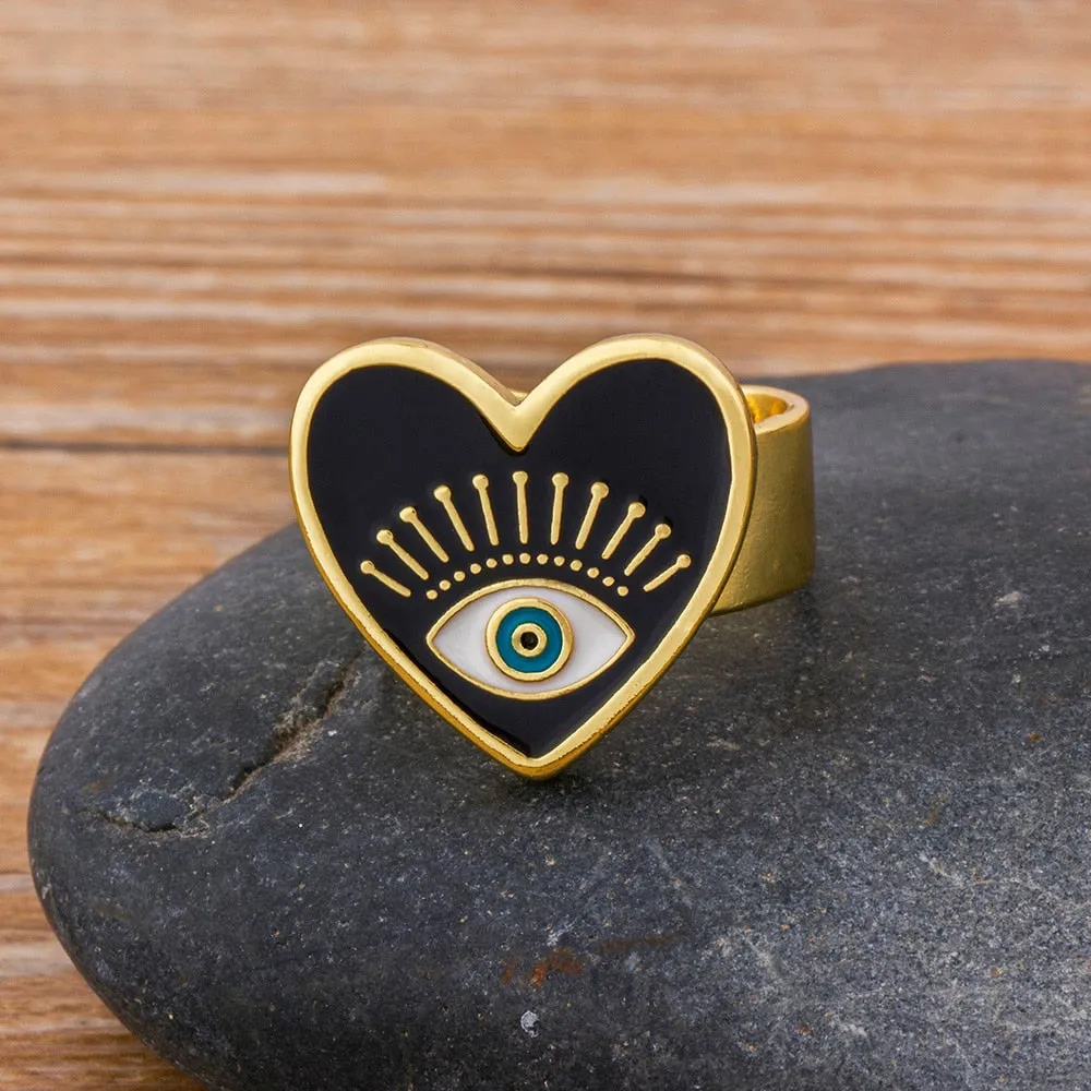 Exquisite Adjustable Evil Eye Heart Ring in Gold Finish – Trendy Geometric Design for Modern Women
