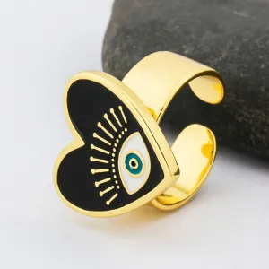 Exquisite Adjustable Evil Eye Heart Ring in Gold Finish – Trendy Geometric Design for Modern Women