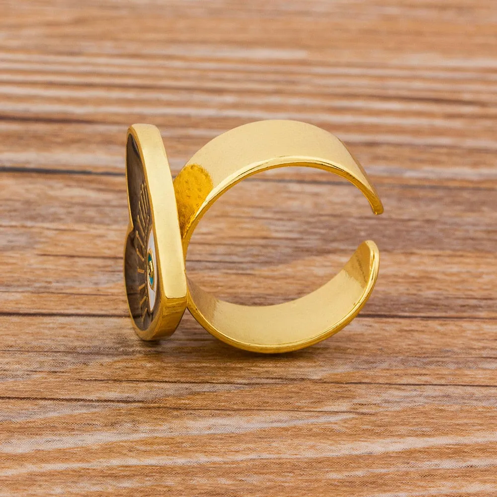 Exquisite Adjustable Evil Eye Heart Ring in Gold Finish – Trendy Geometric Design for Modern Women