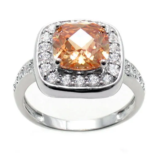 Exquisite Square Cut Champagne Citrine Colored CZ Classic Cocktail Ring in Sterling Silver.