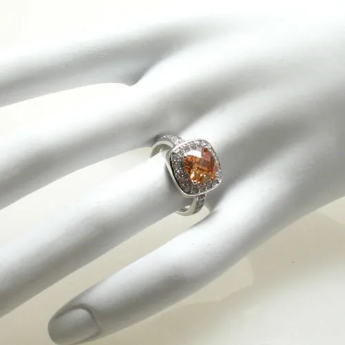 Exquisite Square Cut Champagne Citrine Colored CZ Classic Cocktail Ring in Sterling Silver.