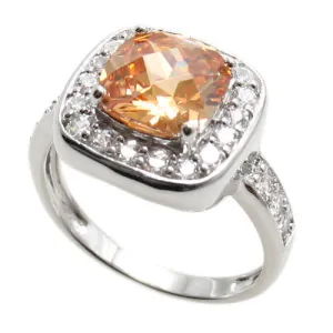 Exquisite Square Cut Champagne Citrine Colored CZ Classic Cocktail Ring in Sterling Silver.