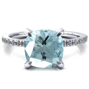 Ezili Cushion Aqua Blue Spinel 4 Claw Prong Micro Pave Diamond Sides Engagement Ring