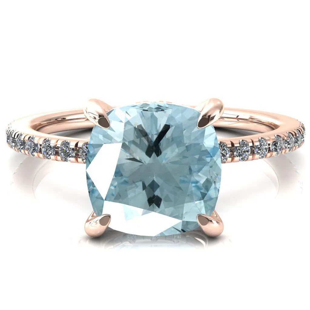 Ezili Cushion Aqua Blue Spinel 4 Claw Prong Micro Pave Diamond Sides Engagement Ring