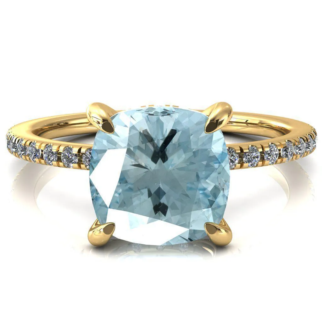 Ezili Cushion Aqua Blue Spinel 4 Claw Prong Micro Pave Diamond Sides Engagement Ring