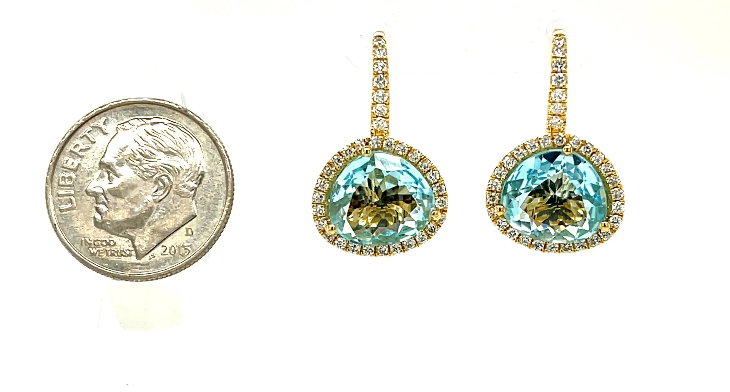 Faceted Blue Topaz and Diamond Halo Yellow Gold Lever Back Drop Earrings